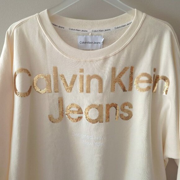 NWT Calvin Klein Jeans cream beige sweatshirt with gold sequin logo branding, M - Picture 5 of 7